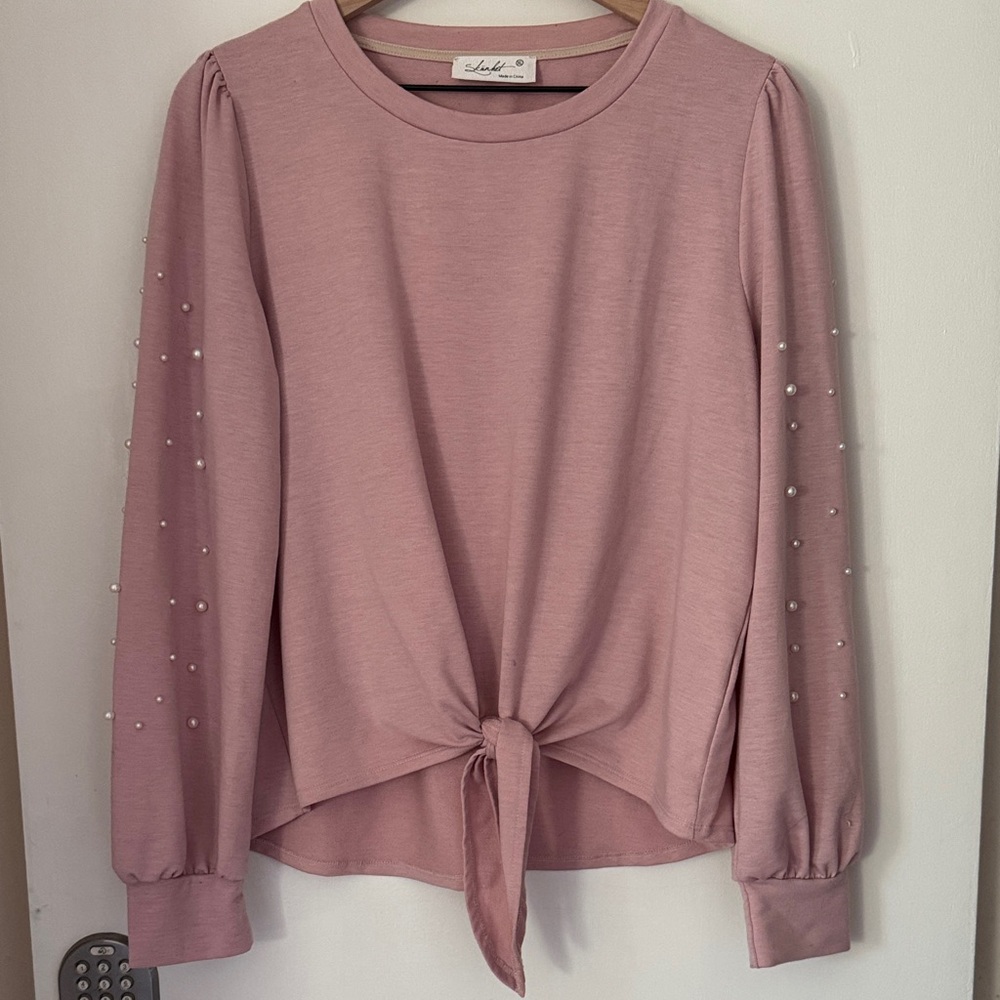 Lush Dusty Pink Pearl-Embellished Tie-Front Shirt